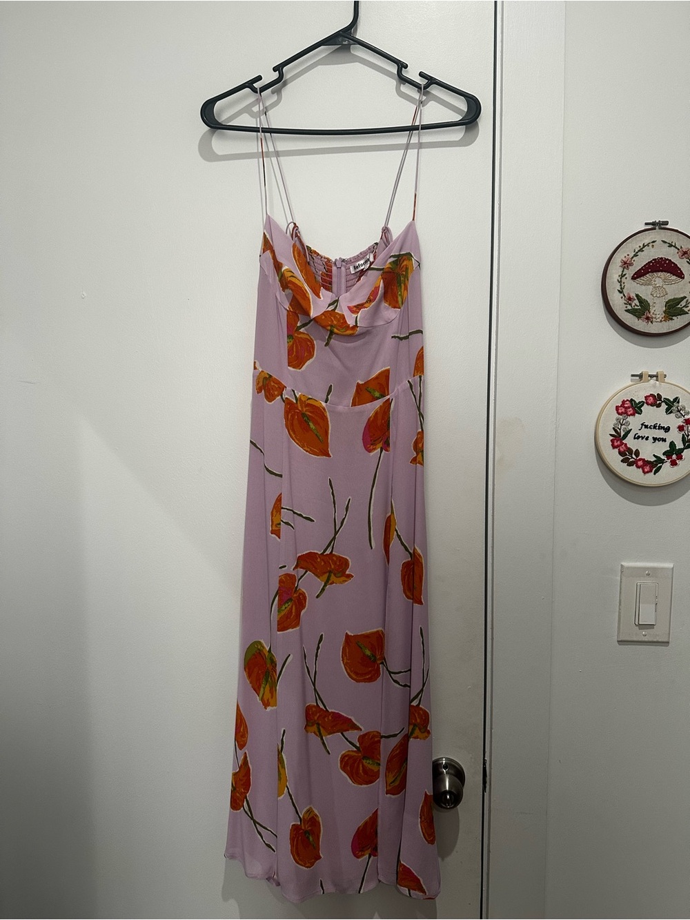 Reformation Juliette Lilac Midi Slip Dress with Orange Floral Print - Picture 3 of 4